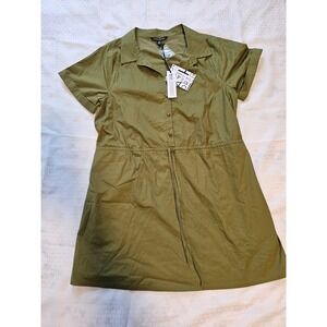 Olive Green Shirt Dress Womens M Petite Drawstring Waist Casual Utility Workwear